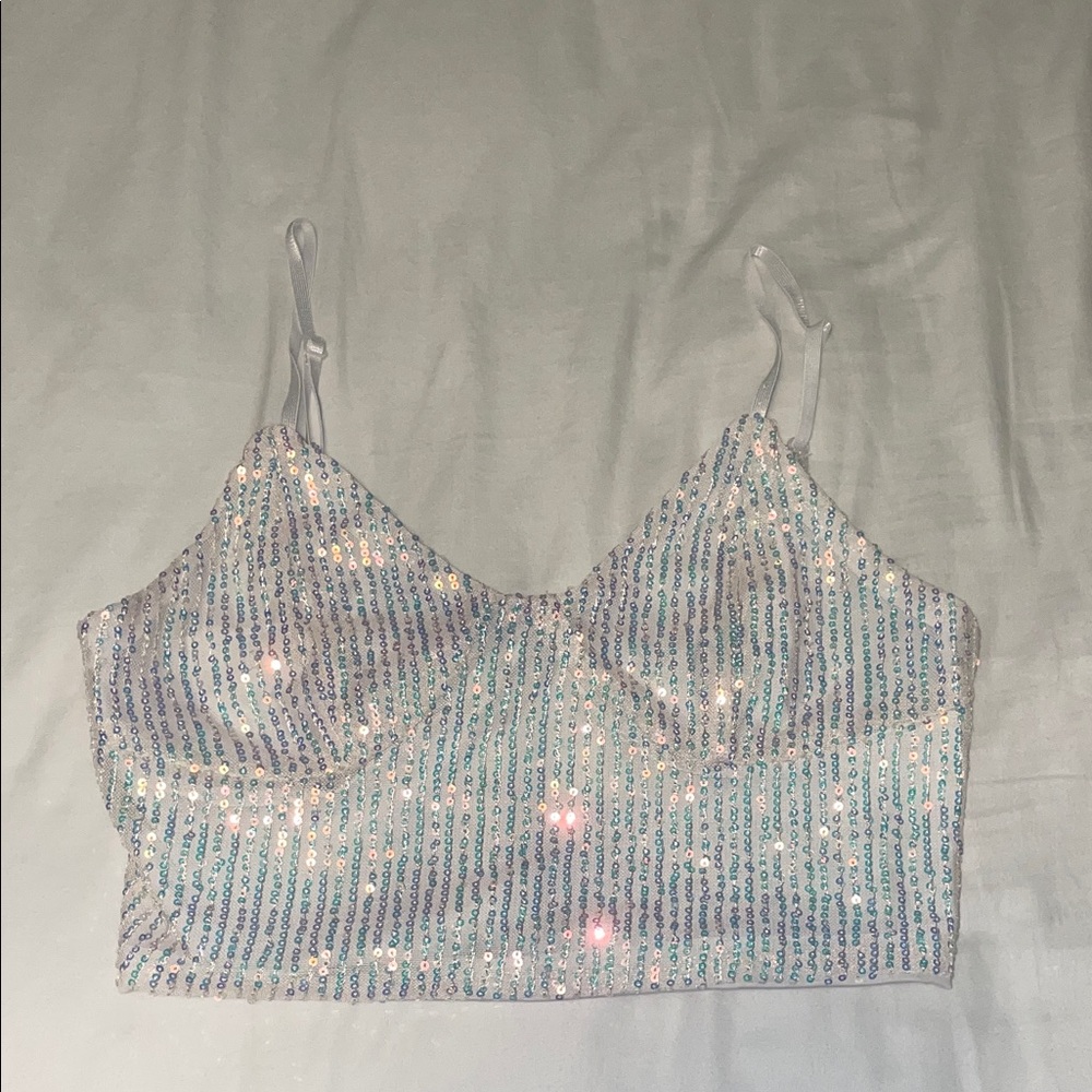 Sequin Embellished White Crop Top